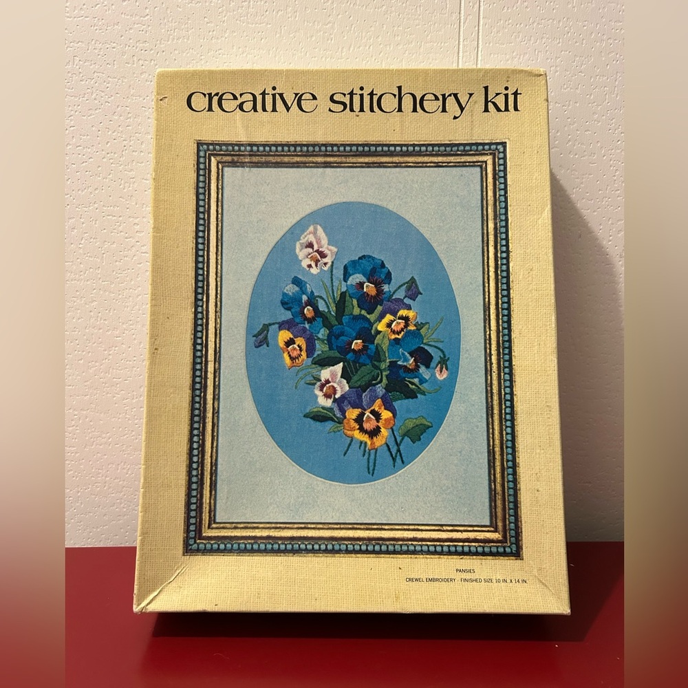 Vintage American Greetings Creative Stitchery Kit - Crewel Embroidery Pansies